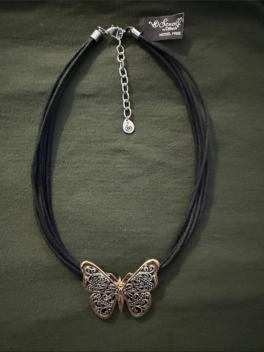 NWT Scroll by Dillard's Filigree Butterfly Multi-Strand Cord Necklace